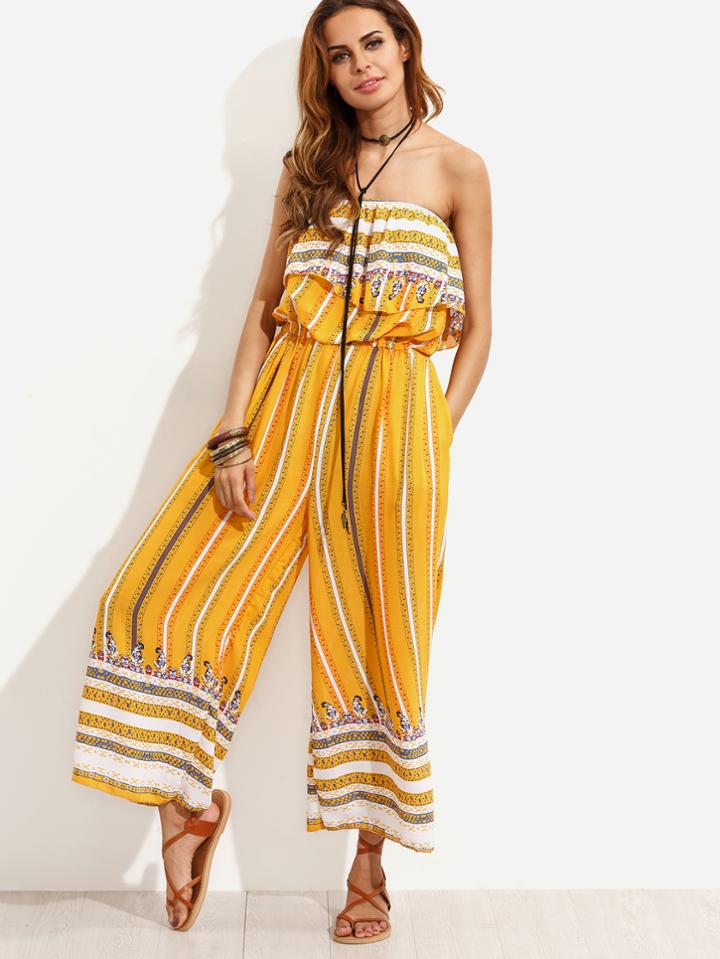 Romwe Yellow Vintage Print Ruffle Bandeau Jumpsuit