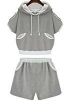 Romwe Hooded Open Shoulder Top With Grey Shorts