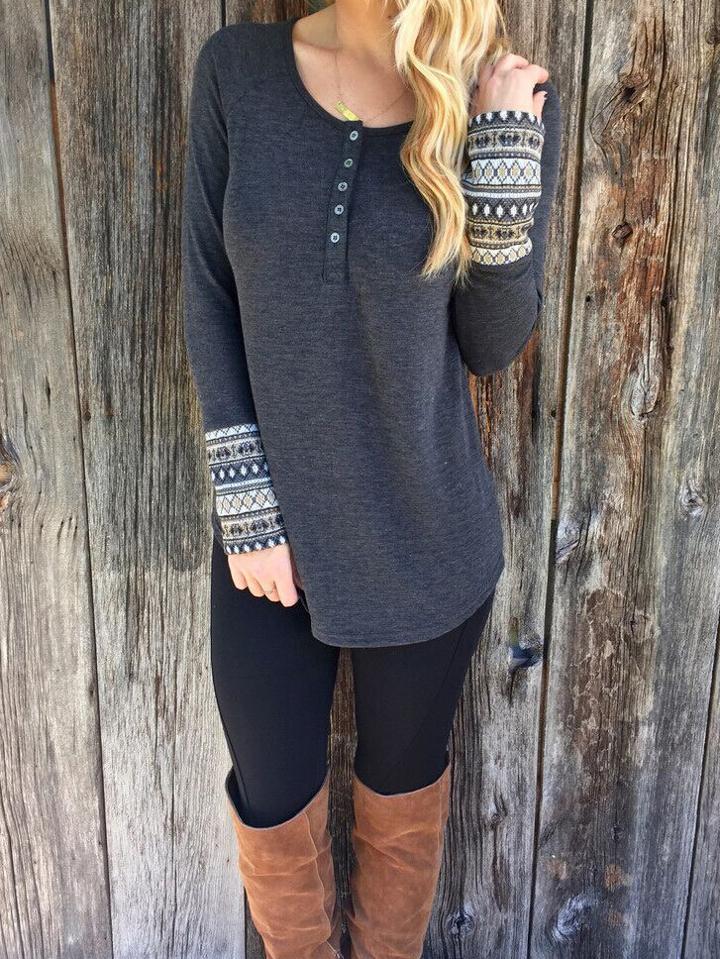 Romwe Grey Long Sleeve Buttons T-shirt