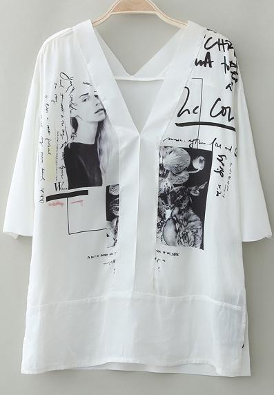 Romwe V Neck Beauty Print Top