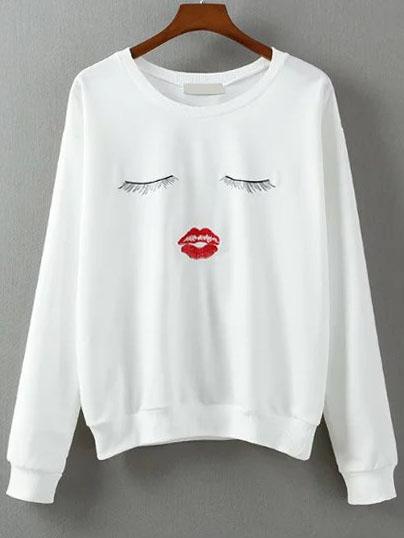 Romwe White Eyes Print Long Sleeve Sweatshirt