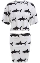 Romwe Short Sleeve Whale Print Top With Bodycon White Skirt