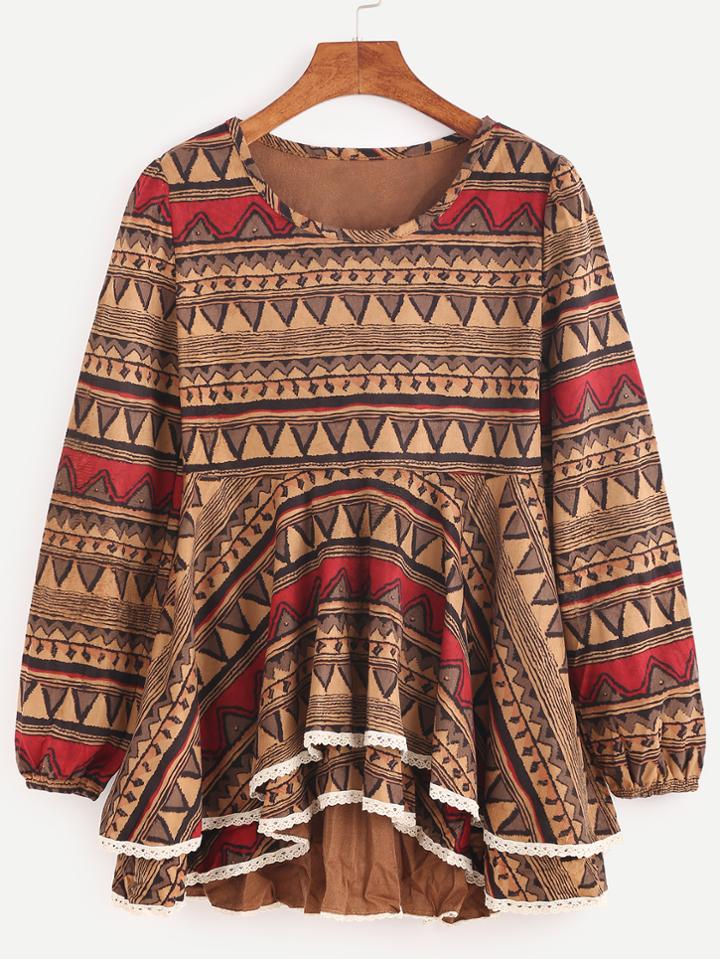 Romwe Tribal Print Lace Trim High Waist Dip Hem Blouse