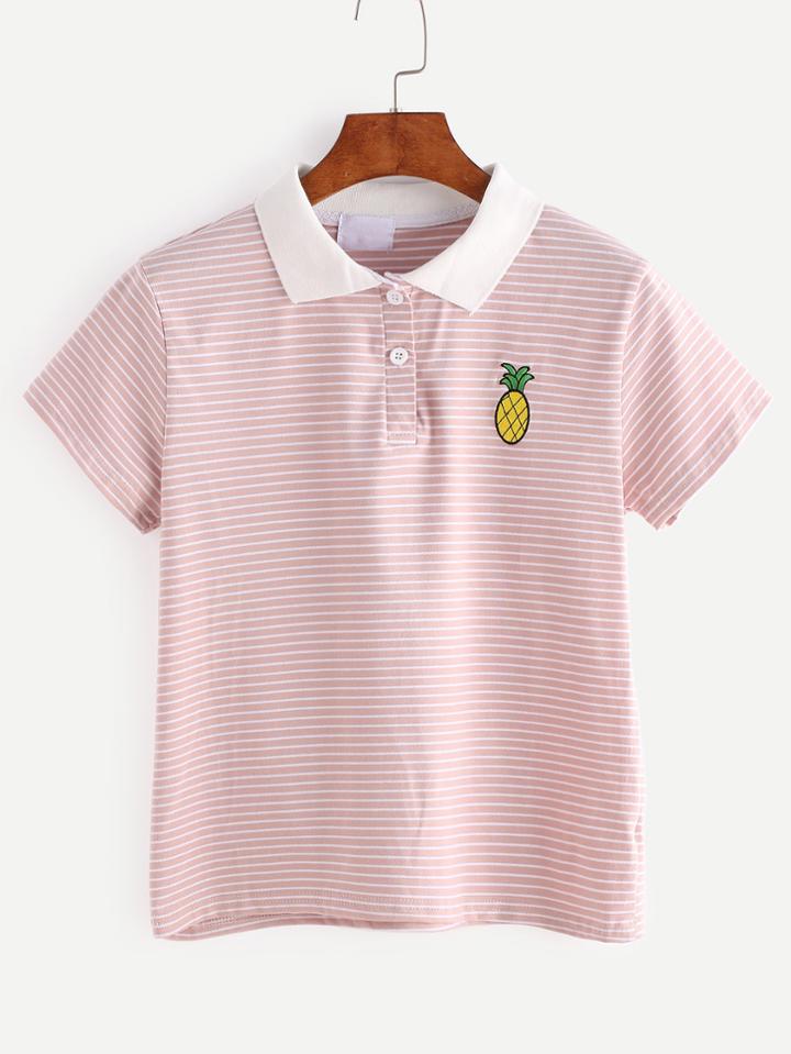 Romwe Pink Striped Pineapple Embroidered T-shirt