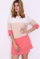 Romwe White Long Sleeve High Low Color Block Dress