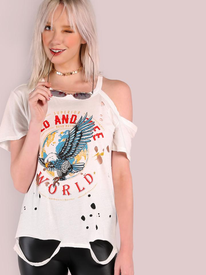 Romwe Distressed Wild & Free World Graphic Grunge T-shirt Ivory