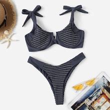 Romwe Shirred Self Tie Top High Cut Bikini Set