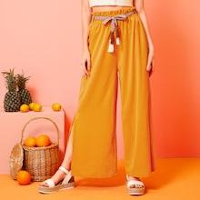 Romwe Aztec Tassel Belted Slit Wide Leg Pants