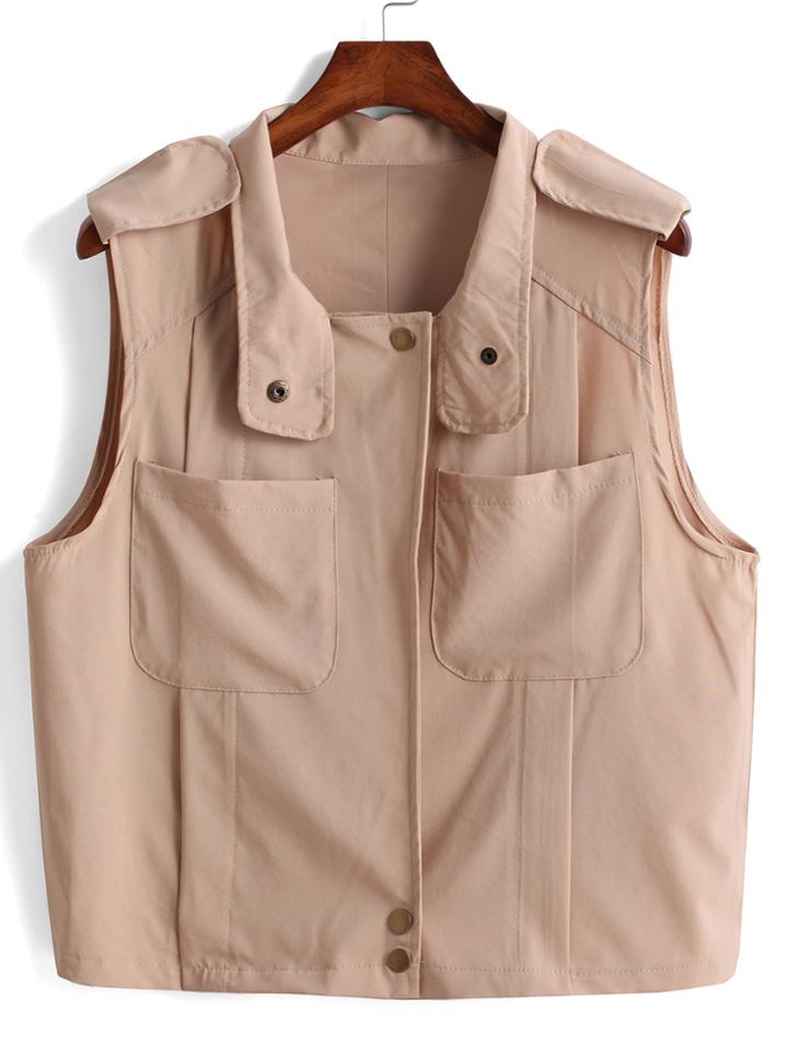 Romwe Lapel With Pockets Khaki Vest