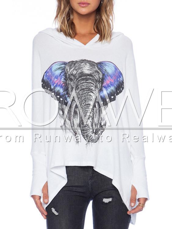 Romwe White Hooded Long Sleeve Elephant Print T-shirt