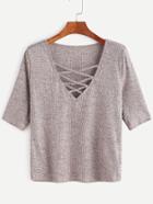 Romwe Criss Cross Deep V Neck Ribbed Knit T-shirt