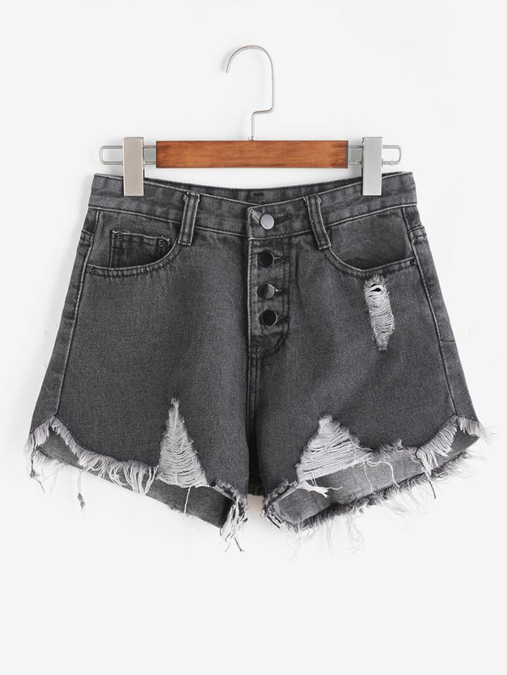 Romwe Black Single Breasted Ripped Raw Hem Denim Shorts