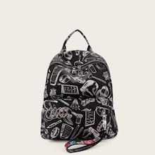 Romwe Cartoon Print Pocket Front Backpack