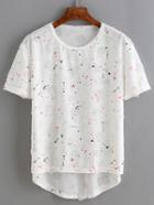 Romwe White Paint Print Ripped Dip Hem T-shirt