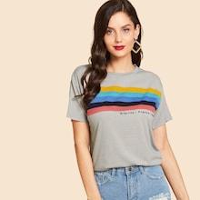 Romwe Rainbow Striped & Letter Print Tee