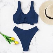 Romwe Tie Front Top With High Leg Bikini
