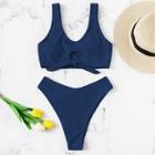 Romwe Tie Front Top With High Leg Bikini