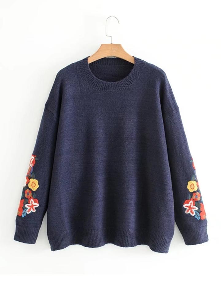 Romwe Embroidery Flower Jumper Sweater