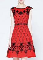 Romwe Red Contrast Gauze Embroidered A Line Dress