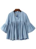 Romwe Blue Bell Sleeve Ruffle Denim Doll Blouse