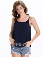 Romwe Navy Embroidered Chiffon Cami Top