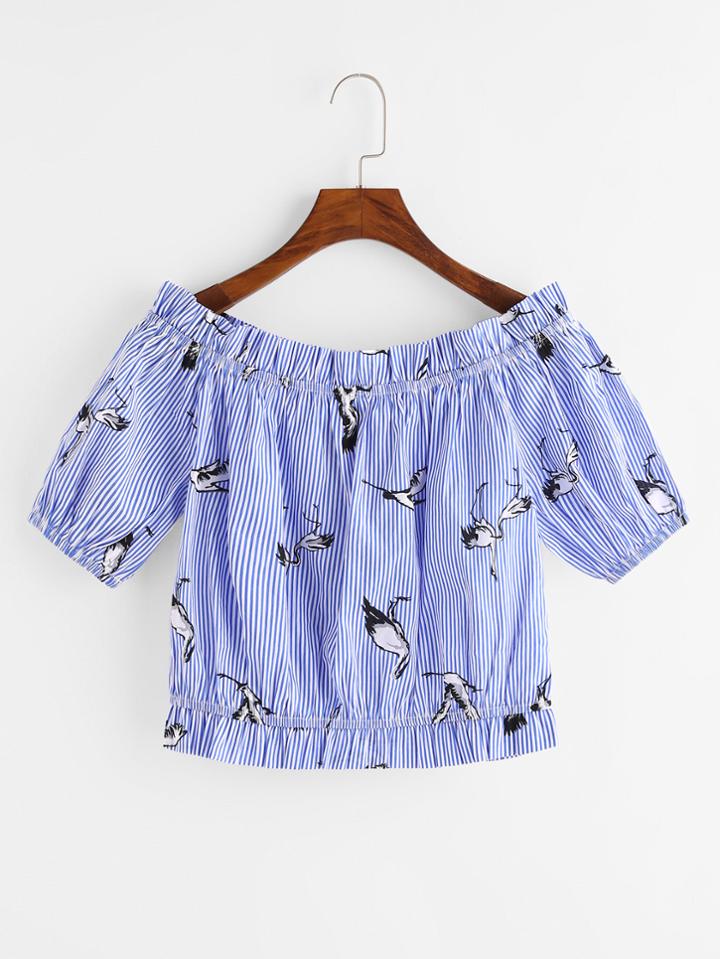 Romwe Bardot Swallows Print Pinstripe Blouse