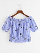 Romwe Bardot Swallows Print Pinstripe Blouse