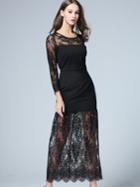 Romwe Black Round Neck Long Sleeve Contrast Lace Dress