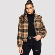 Romwe Plaid Drop Shoulder Zip-up Shearling Outerwear