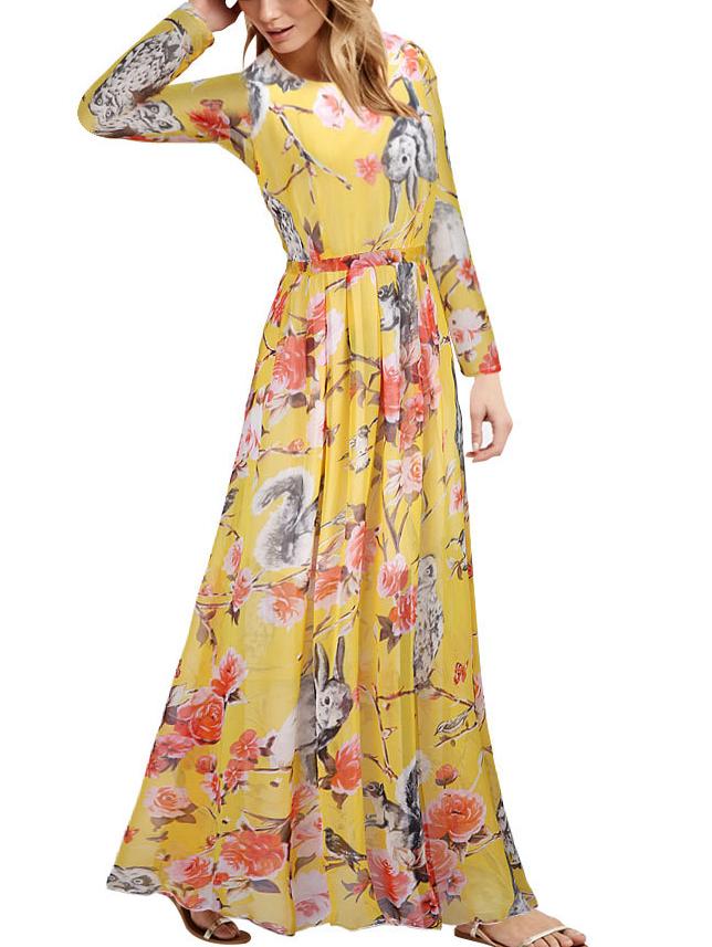 Romwe Long Sleeve Owl Print Florals Chiffon Dress
