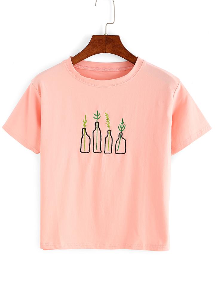 Romwe Light Pink Plant Embroidered T-shirt