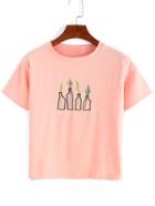 Romwe Light Pink Plant Embroidered T-shirt
