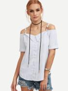 Romwe Blue Vertical Striped Ring Accent Cold Shoulder Blouse