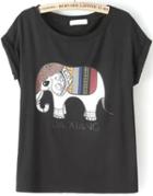 Romwe With Diamond Elephant Print Black T-shirt