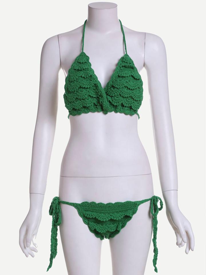 Romwe Green Halter Tie Side Crochet Ruffle Bikini Set