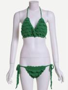 Romwe Green Halter Tie Side Crochet Ruffle Bikini Set
