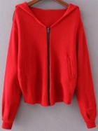 Romwe Red Zipper Up Hooded Sweater Coat