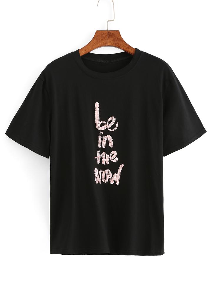 Romwe Sequin Letter Short Sleeve T-shirt - Black