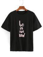Romwe Sequin Letter Short Sleeve T-shirt - Black