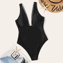 Romwe Contrast Trim Plunge One Piece Swimsuit