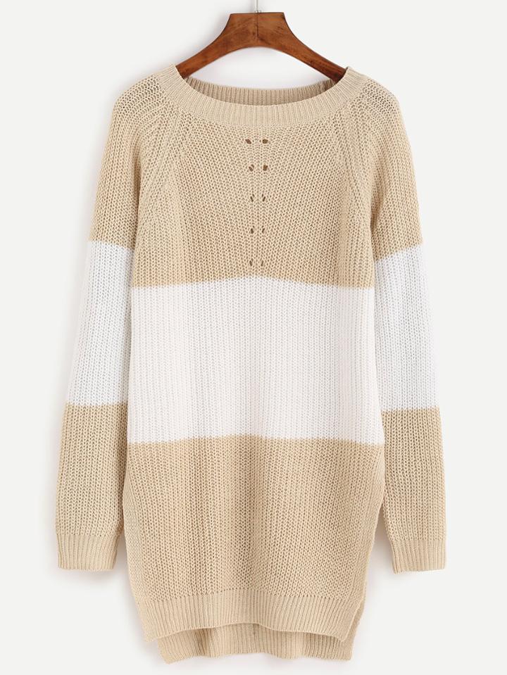 Romwe Apricot Contrast Panel Dip Hem Eyelet Sweater