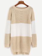 Romwe Apricot Contrast Panel Dip Hem Eyelet Sweater