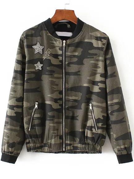 Romwe Army Green Star Embroidery Camouflage Jacket