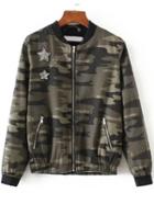 Romwe Army Green Star Embroidery Camouflage Jacket