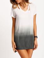 Romwe Grey Ombre Hollow Loose Long T-shirt