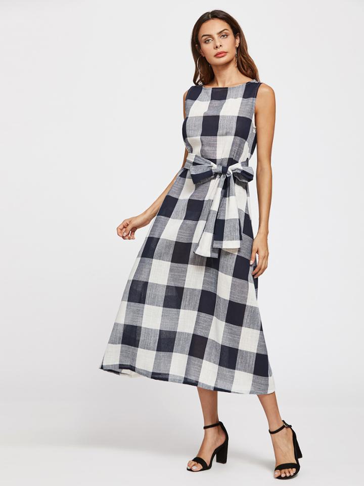 Romwe Self Tie Checked Dress