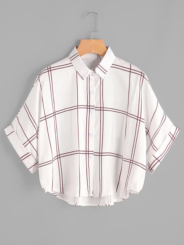 Romwe Grid Print Batwing Sleeve Cuffed Curved Hem Shirt