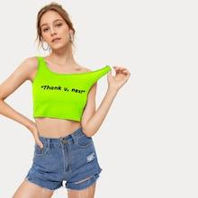Romwe Neon Green Letter Print Top