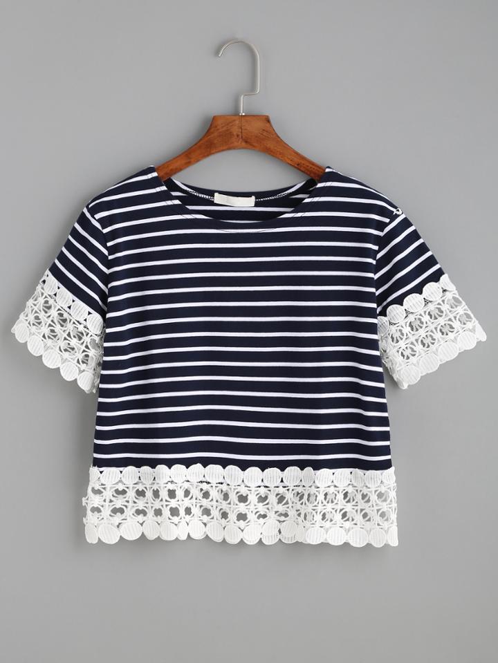 Romwe Navy Striped Appliques Hollow Out T-shirt