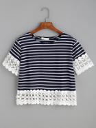 Romwe Navy Striped Appliques Hollow Out T-shirt